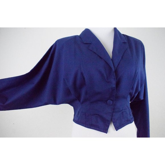 Vintage 80s Poly/Rayon Royal Blue Crop Blouse/Jacket | size Medium - Picture 9 of 10